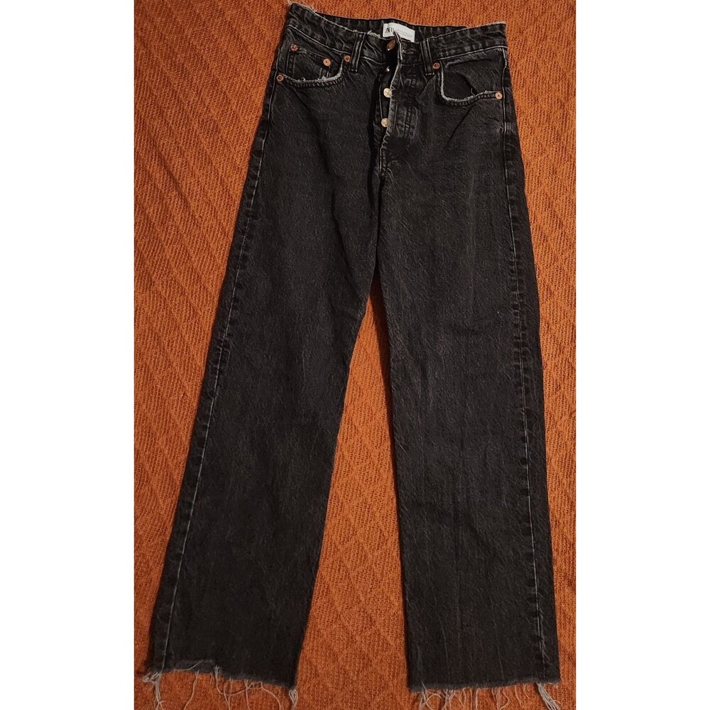 Zara Women’s Black Jeans Sz 2 Raw Hem Button Fly Straight High Rise